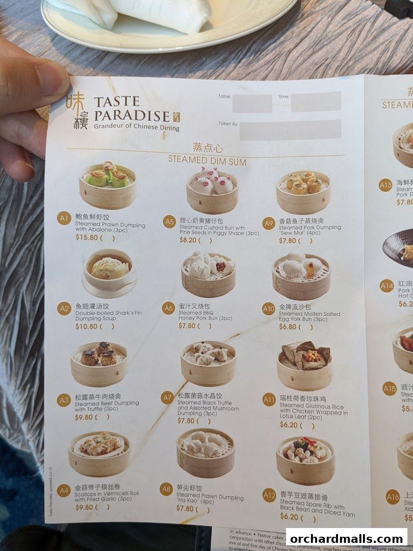 A menu from Taste Paradise featuring various steamed dim sum dishes with prices.