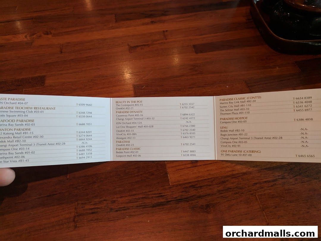 A list of restaurant locations and contact numbers for various Paradise Group brands.
