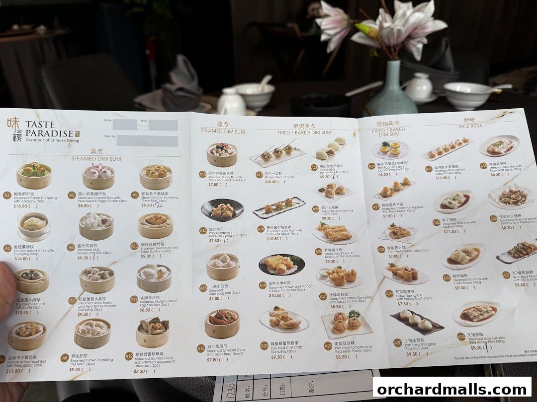 A menu from Taste Paradise featuring various steamed and fried dim sum items with prices.