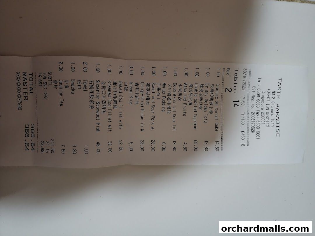 A receipt from Taste Paradise showing a list of food items and their prices.