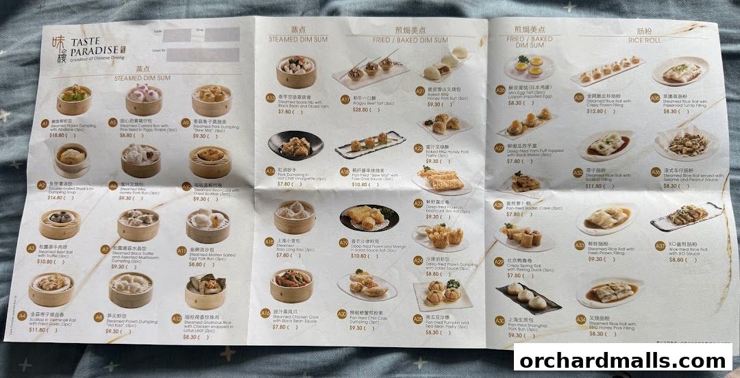 A menu from Taste Paradise featuring various dim sum and rice roll dishes with prices.