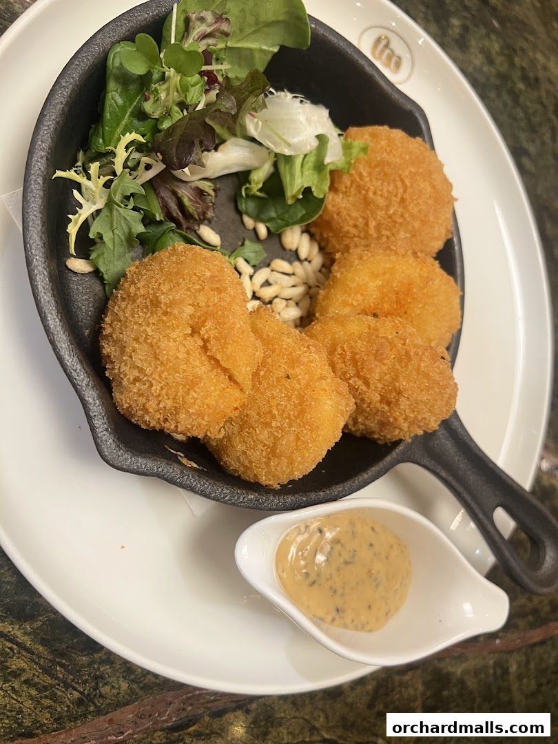 Crispy fried appetizers served with a side salad and dipping sauce.