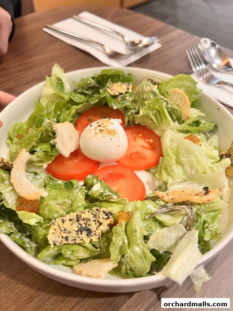 A fresh salad with lettuce, tomatoes, croutons, and a poached egg.