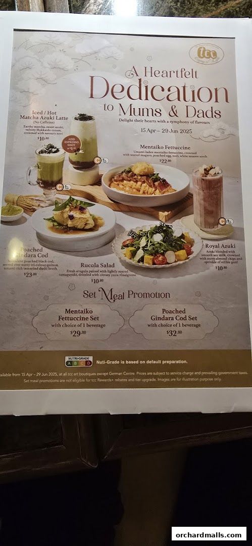 A menu showcasing a 'Dedication to Mums & Dads' promotion with various dishes and drinks.