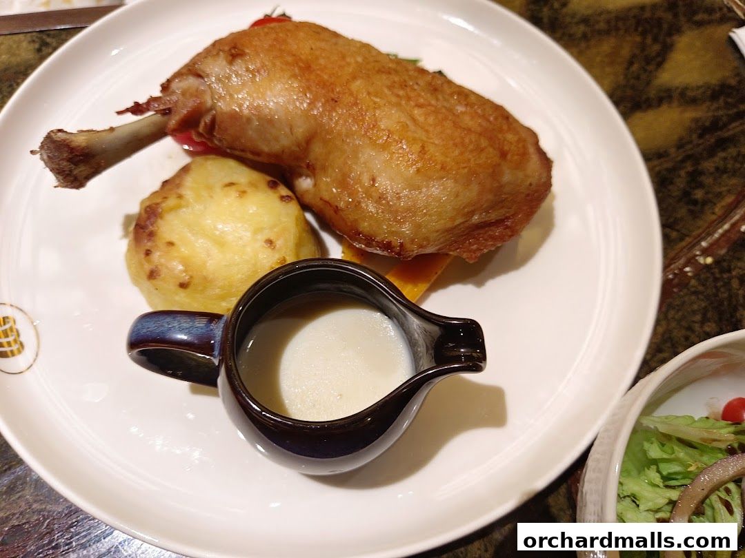 A plate of roasted duck leg with potatoes and a side of sauce, served at The Connoisseur Concerto.