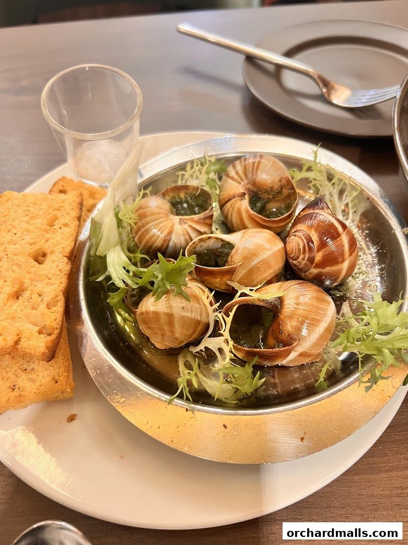 A close-up of escargots served with toasted bread and a small glass of liquid.