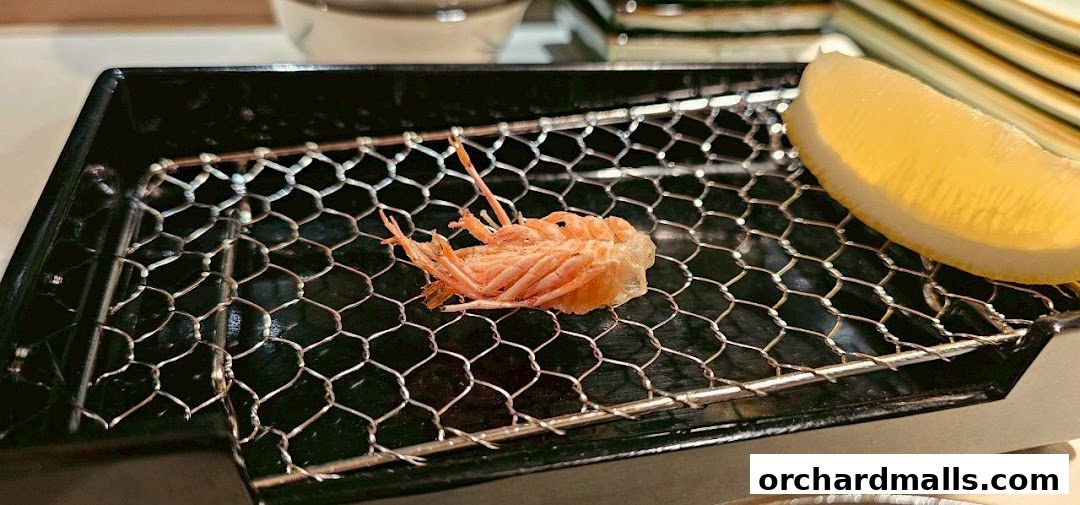 A single cooked shrimp and a lemon slice on a grill rack.