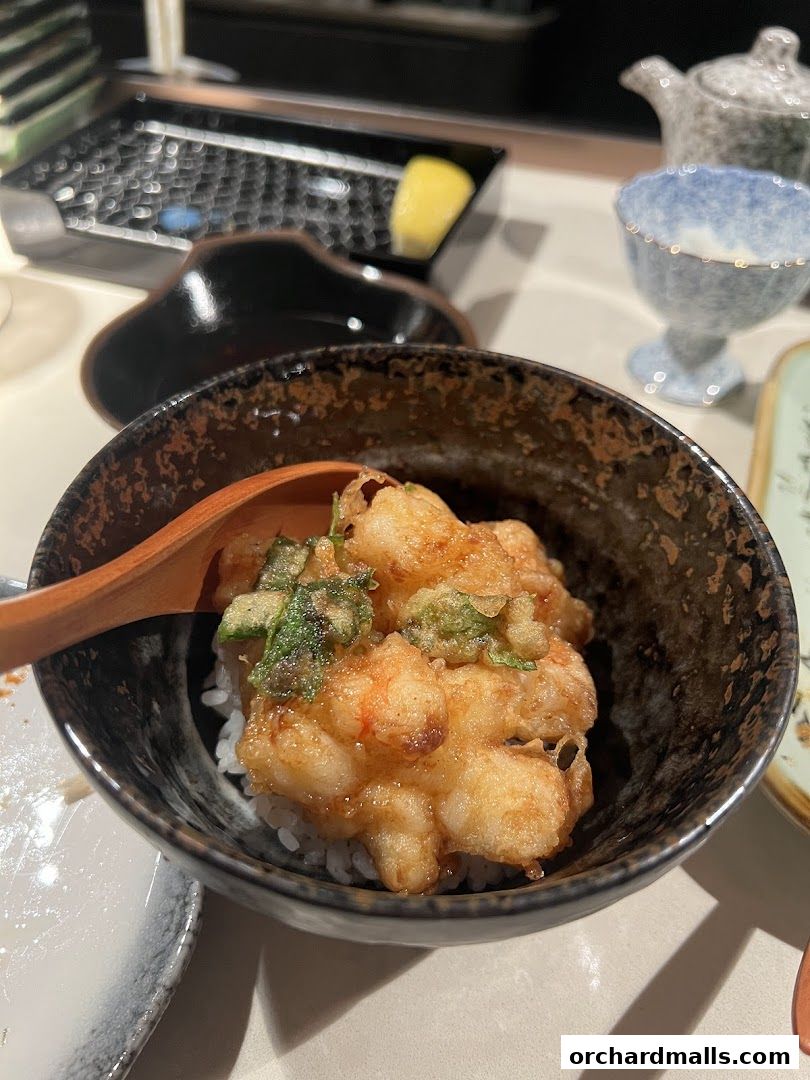A close-up of a delicious tempura shrimp and vegetable dish served over rice.