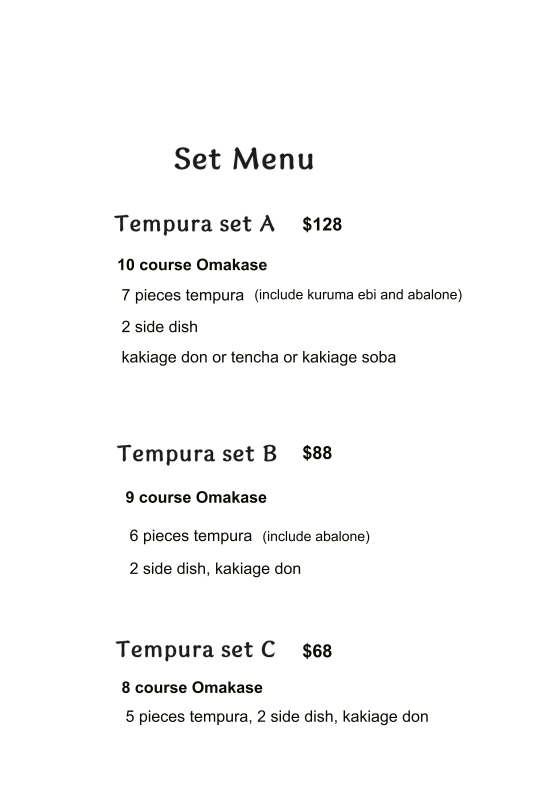 Menu page for Tempura SHIGE