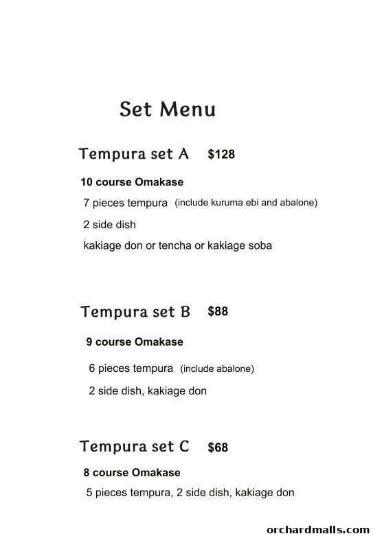 A menu for Tempura SHIGE featuring three set menus with omakase courses.