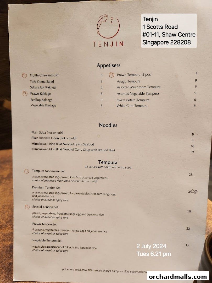 Menu page for Tenjin Shaw Centre