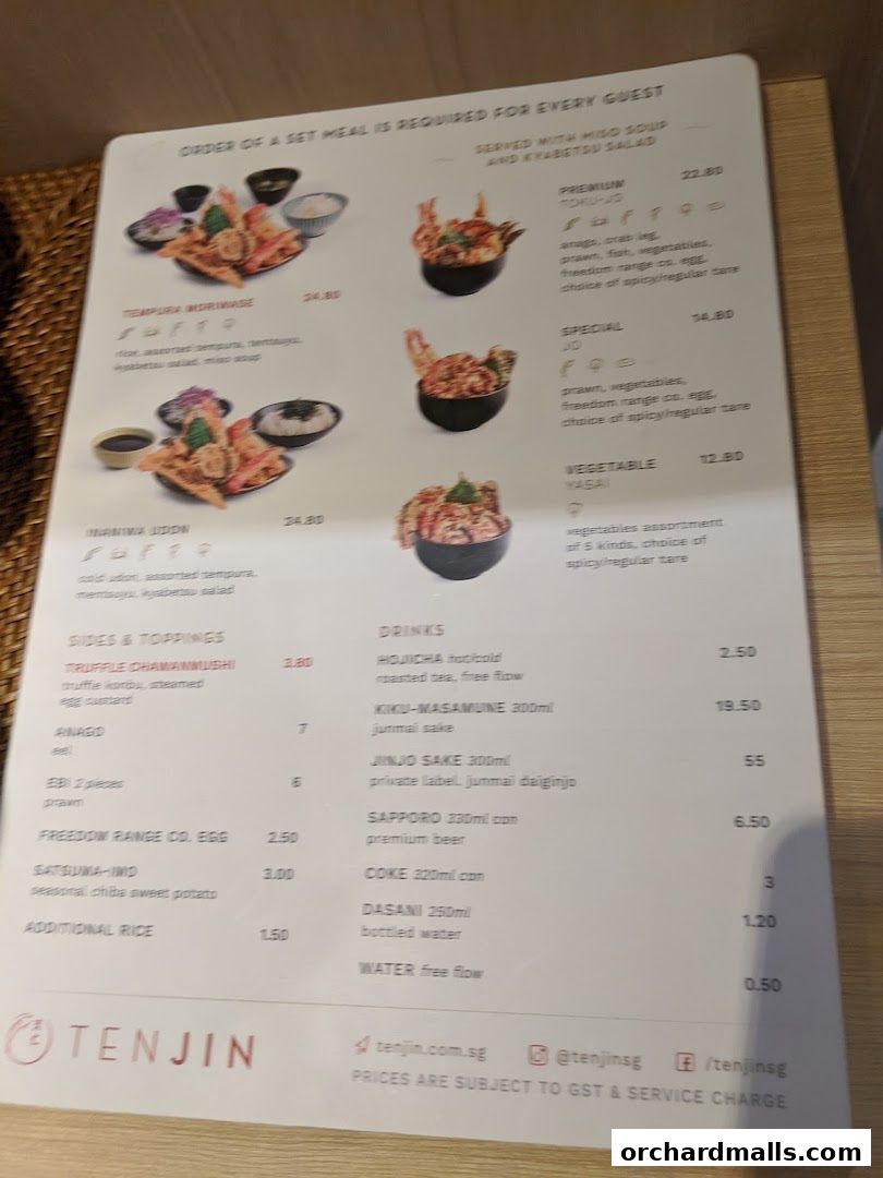 Menu page for Tenjin Shaw Centre