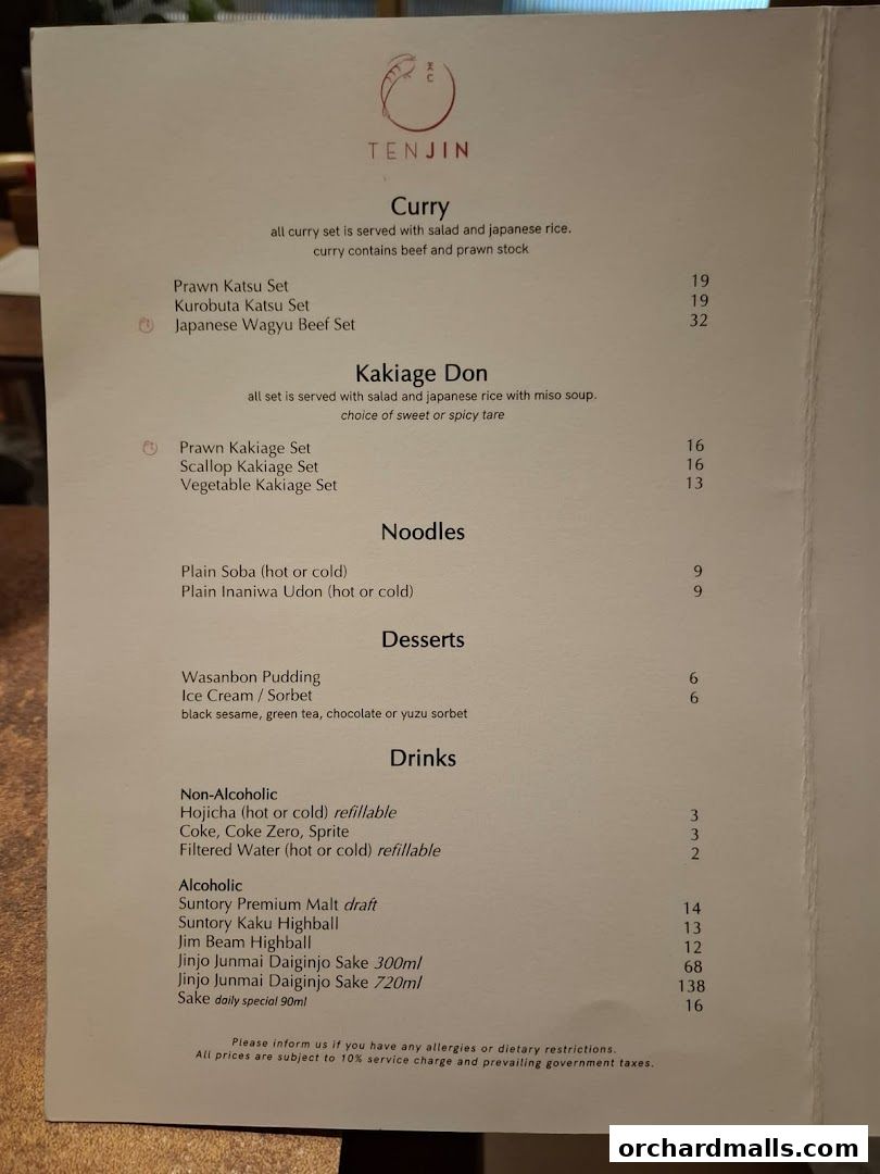 Menu page for Tenjin Shaw Centre