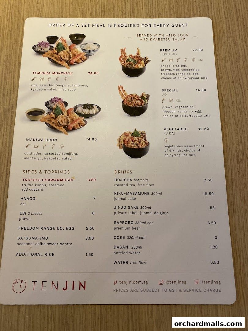 Menu page for Tenjin Shaw Centre