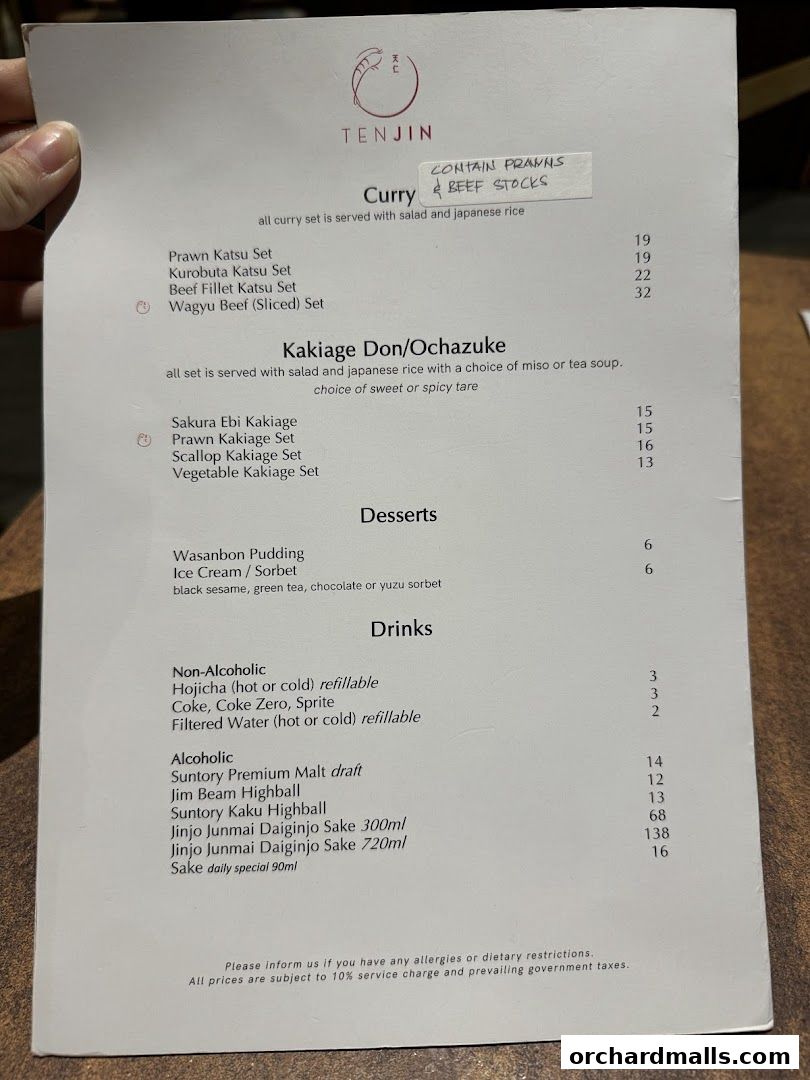 Menu page for Tenjin Shaw Centre