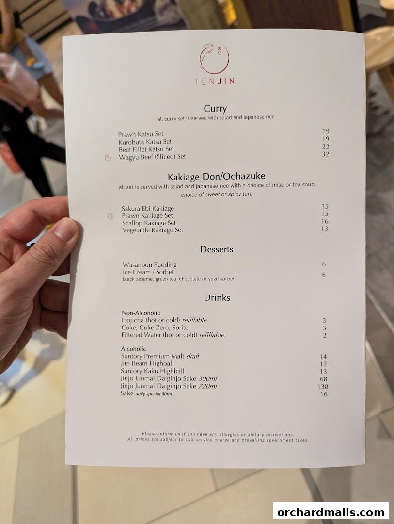 Menu page for Tenjin Shaw Centre