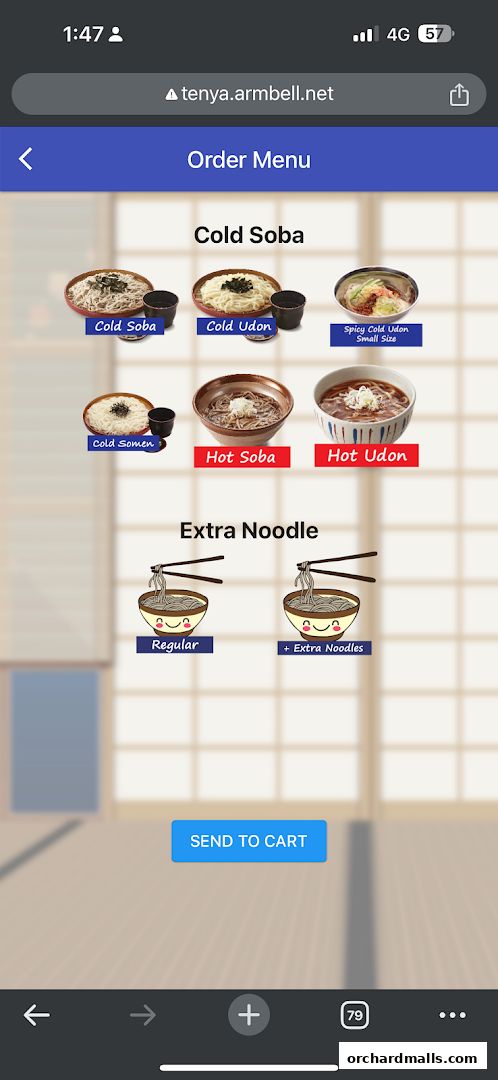 A digital menu displaying various cold and hot soba and udon noodle dishes.