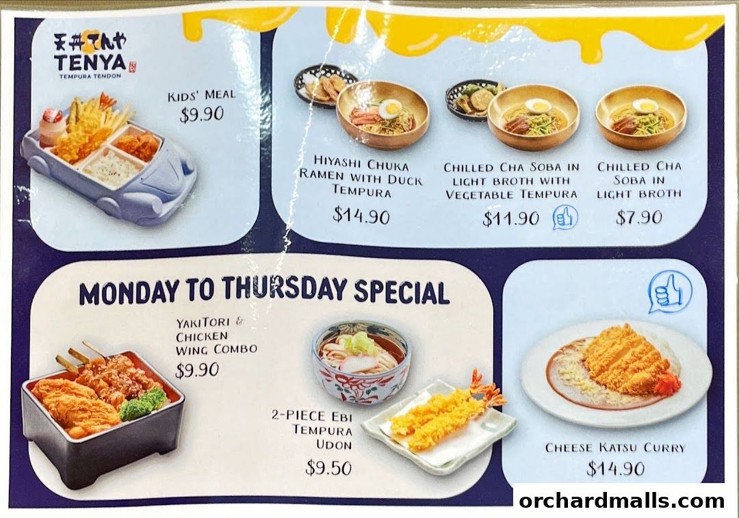 A menu from Tenya Tempura Tendon featuring various Japanese dishes and specials.