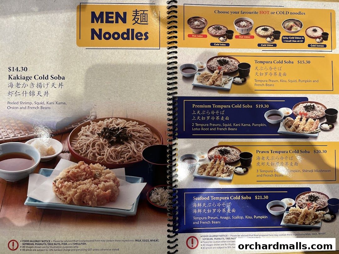 A menu page from Tenya featuring various cold soba noodle dishes with tempura.