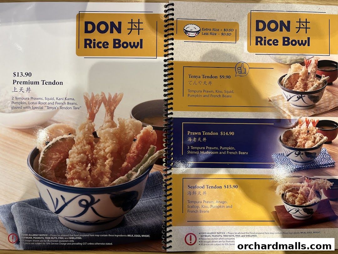 A menu page showcasing various tendon rice bowls with descriptions and prices.