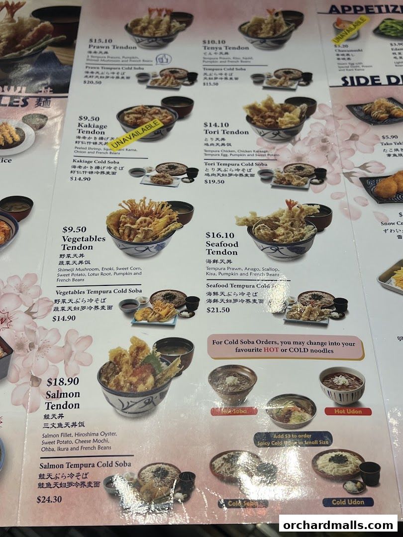 A menu from Tenya ION Orchard featuring various tendon and cold soba dishes with prices and descriptions.