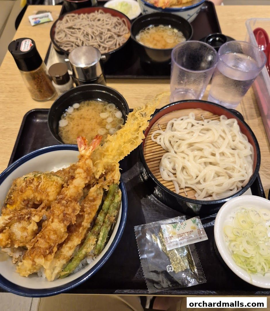 A close-up of a Japanese meal featuring tempura, soba noodles, and miso soup.