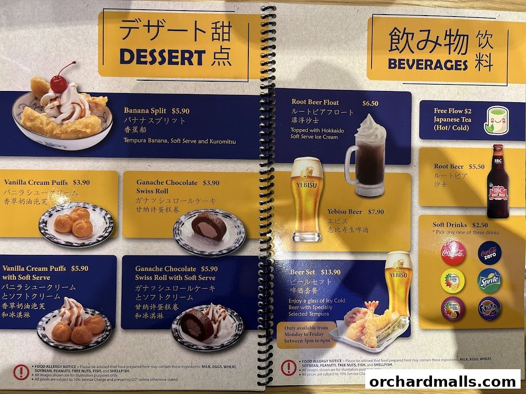A menu featuring desserts and beverages with images and prices.