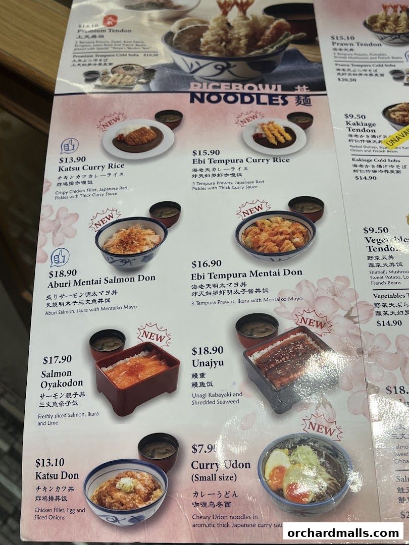 A menu from Tenya featuring various rice bowls and noodles with prices and descriptions.