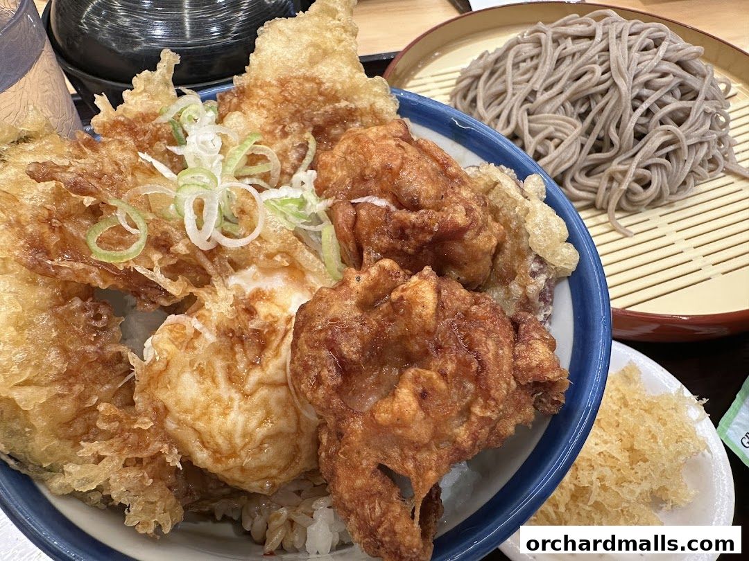 A close-up of a delicious Japanese tendon dish with crispy tempura and soba noodles.