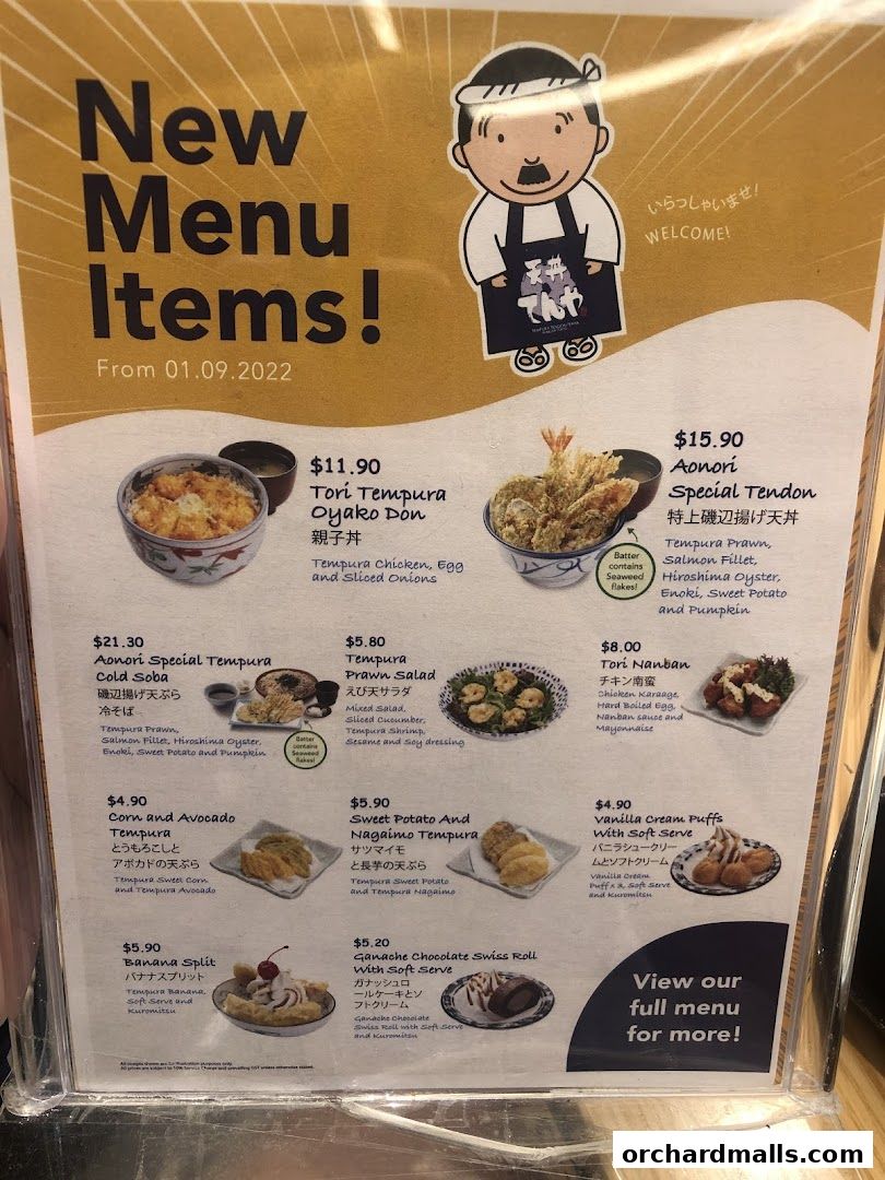 A menu showcasing new tempura dishes, salads, and desserts with prices and descriptions.