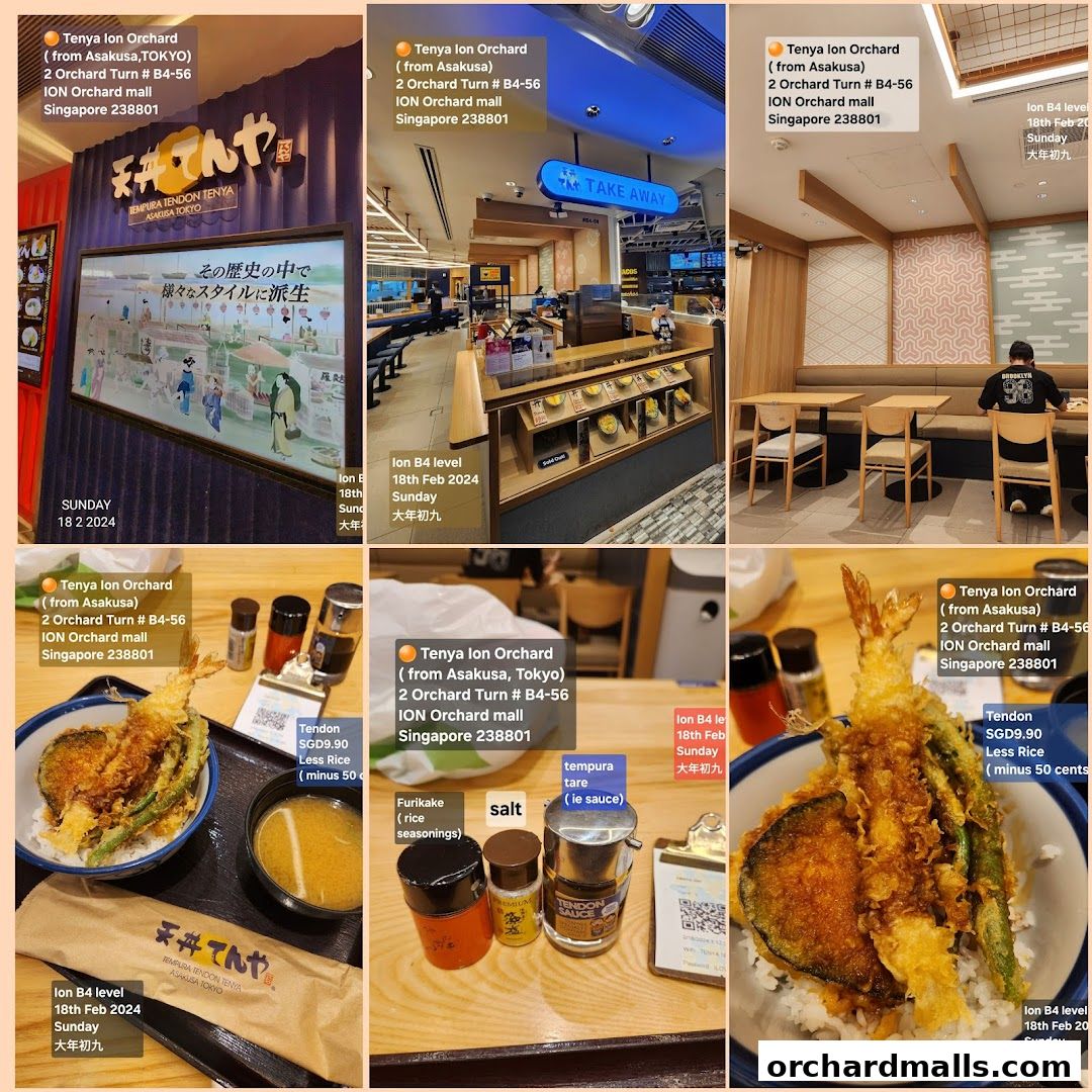 Collage of images showcasing Tenya ION Orchard, featuring the shop's exterior, interior, and signature tendon dishes.