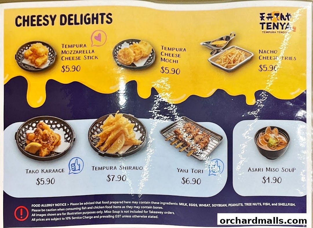 A menu from Tenya featuring various tempura dishes and other Japanese snacks.