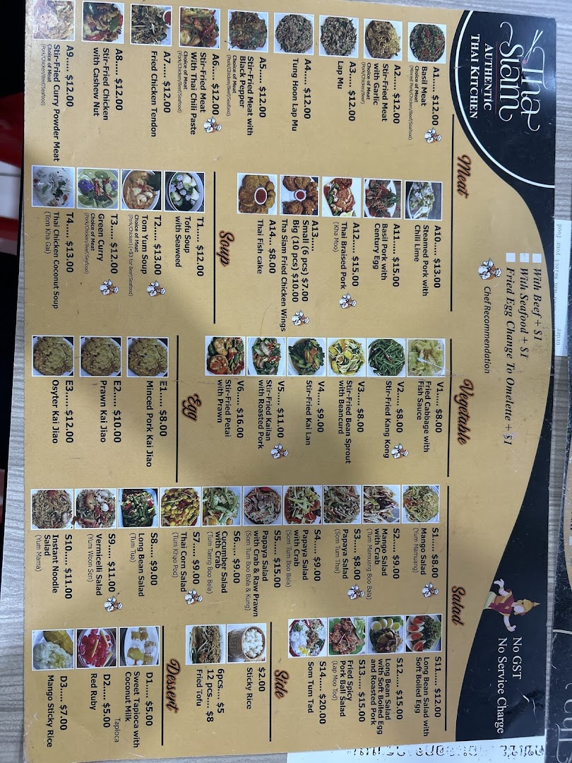 Menu page for Tha Siam Thai Kitchen