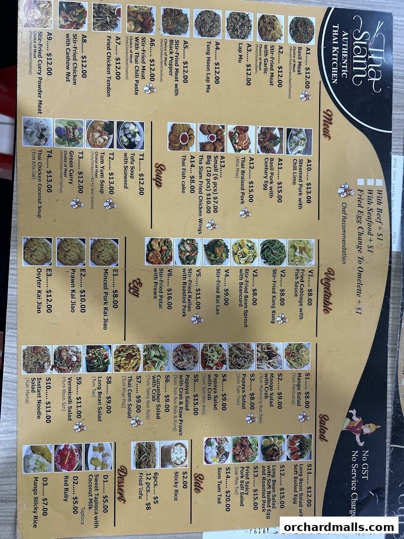 A menu for Tha Siam Authentic Thai Kitchen with various Thai dishes and prices.