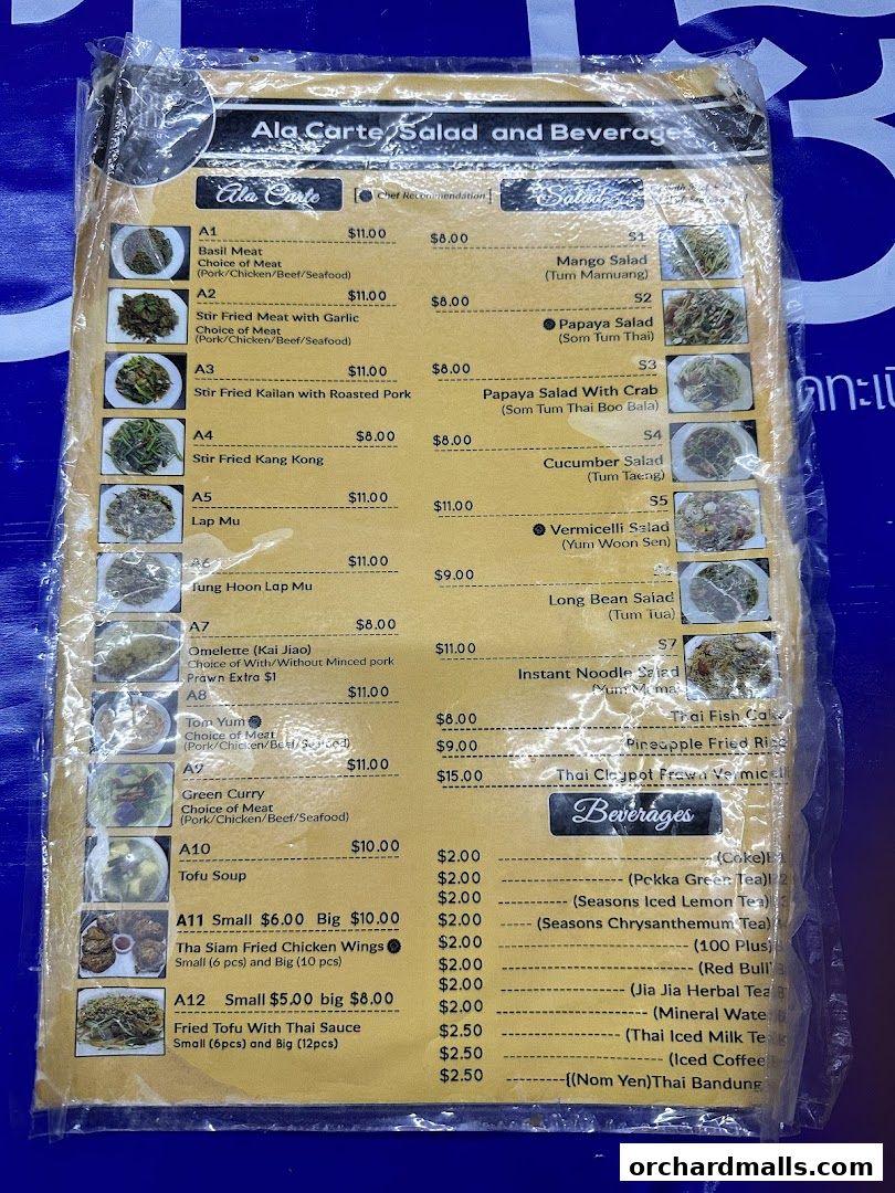 A menu for Tha Siam Thai Kitchen featuring Ala Carte dishes, salads, and beverages with prices.