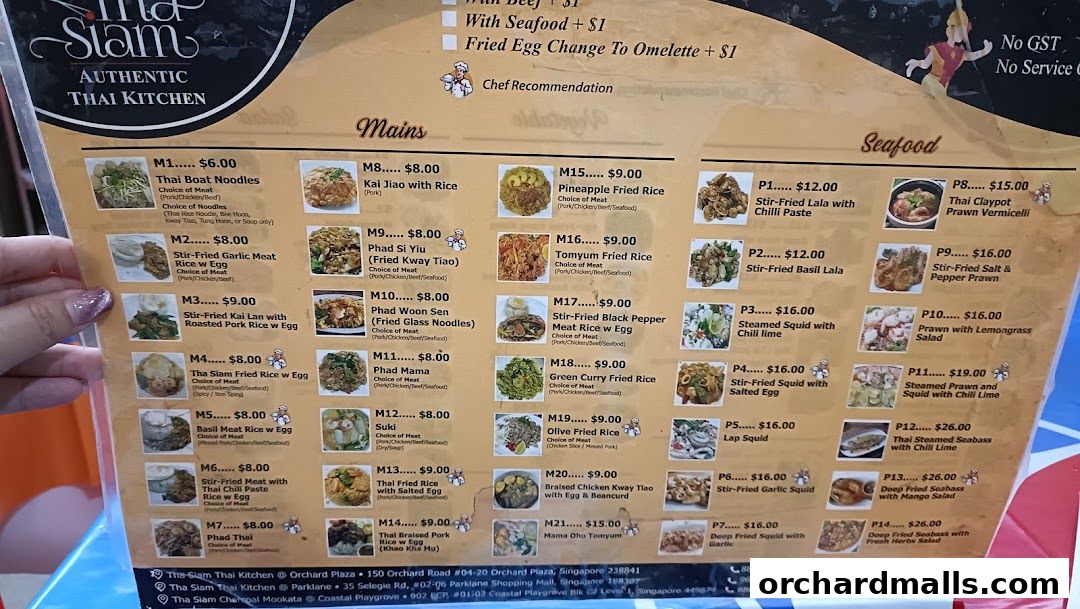 A menu for Tha Siam Authentic Thai Kitchen featuring mains and seafood dishes with prices.