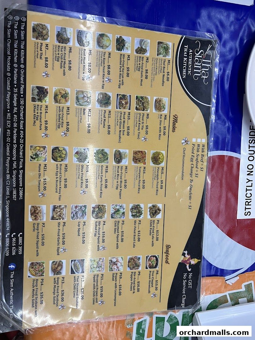 A menu from Tha Siam Thai Kitchen featuring various Thai dishes with images and prices.
