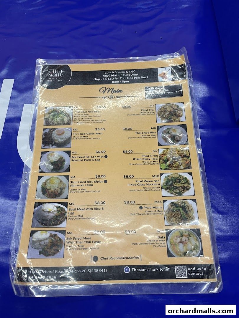 A menu for Tha Siam Thai Kitchen featuring main dishes with prices and descriptions.