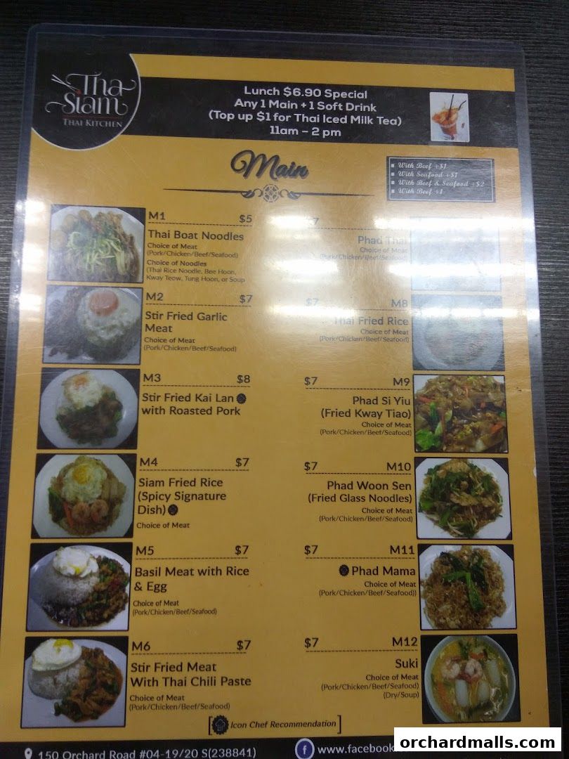 A menu from Tha Siam Thai Kitchen featuring main dishes with prices and descriptions.