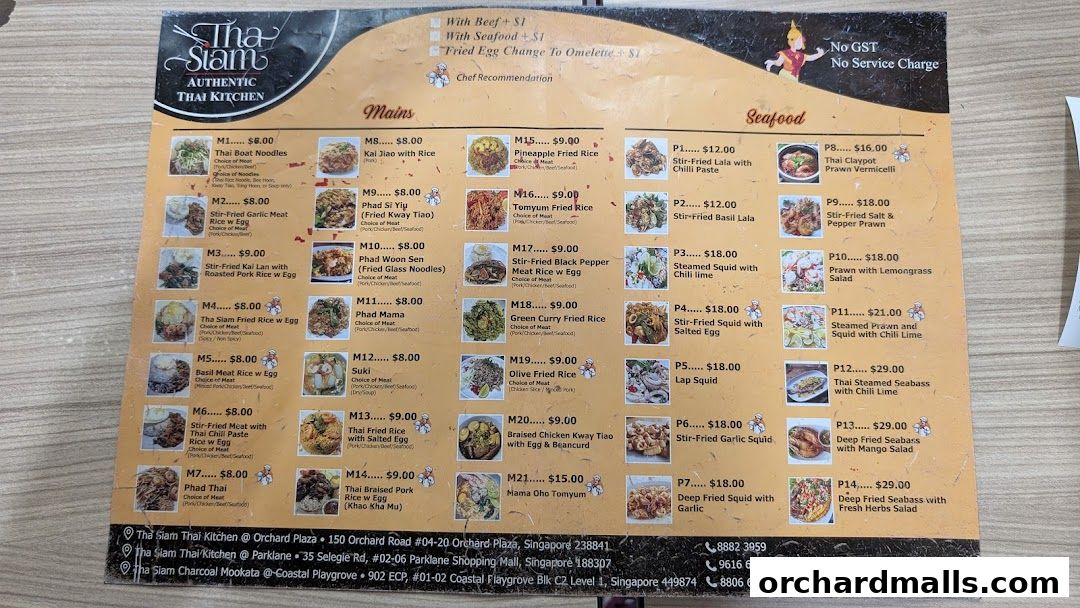 A menu for Tha Siam Authentic Thai Kitchen featuring mains and seafood dishes with prices.