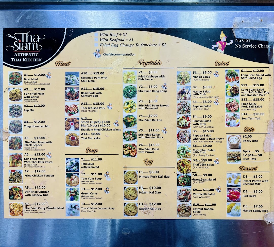 Menu page for Tha Siam Thai Kitchen