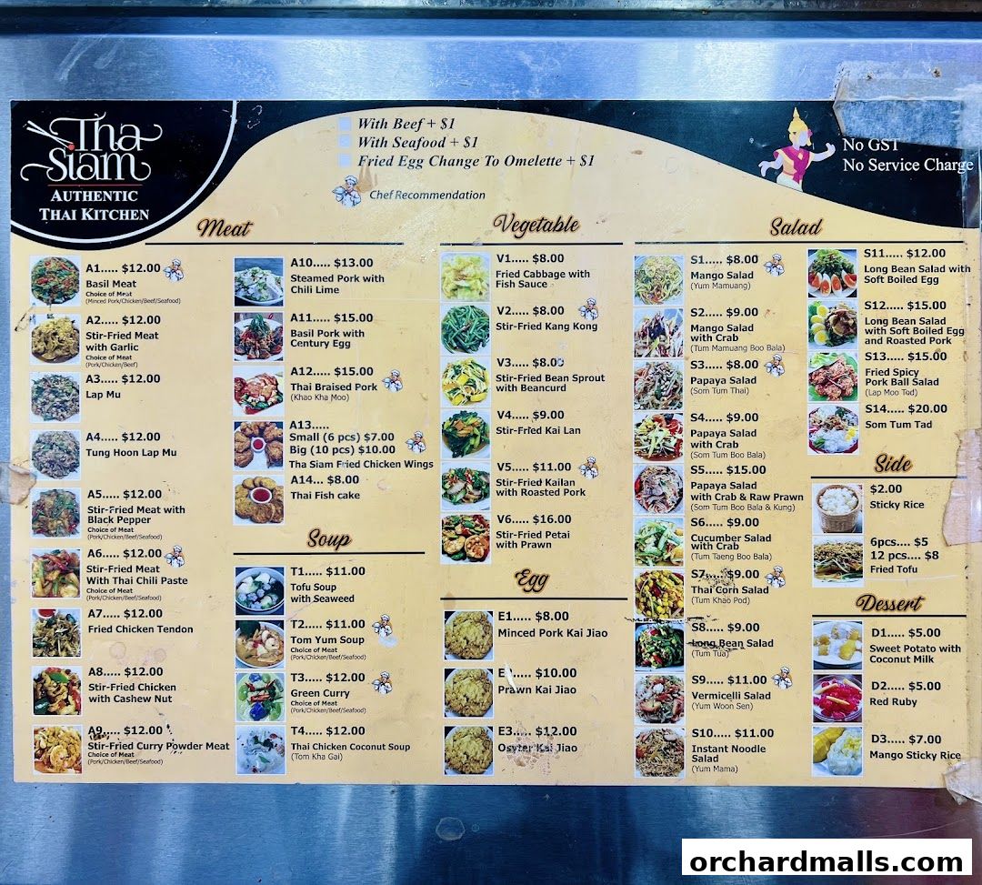 A menu for Tha Siam Authentic Thai Kitchen with various Thai dishes and prices.