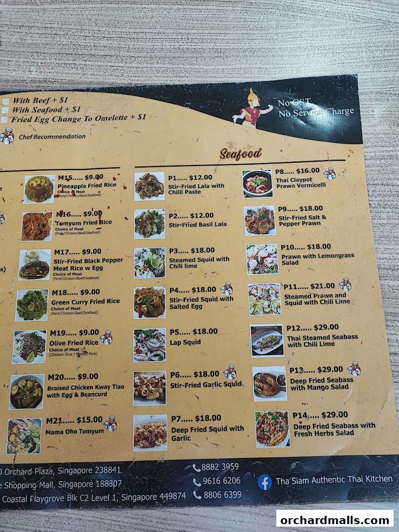 A menu from Tha Siam Thai Kitchen featuring seafood dishes and rice options.