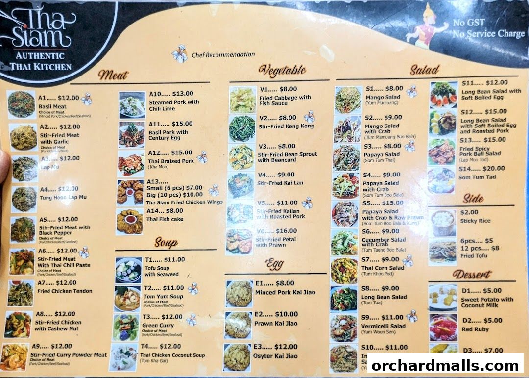 A menu for Tha Siam Authentic Thai Kitchen, featuring various meat, vegetable, salad, soup, egg, side, and dessert dishes.
