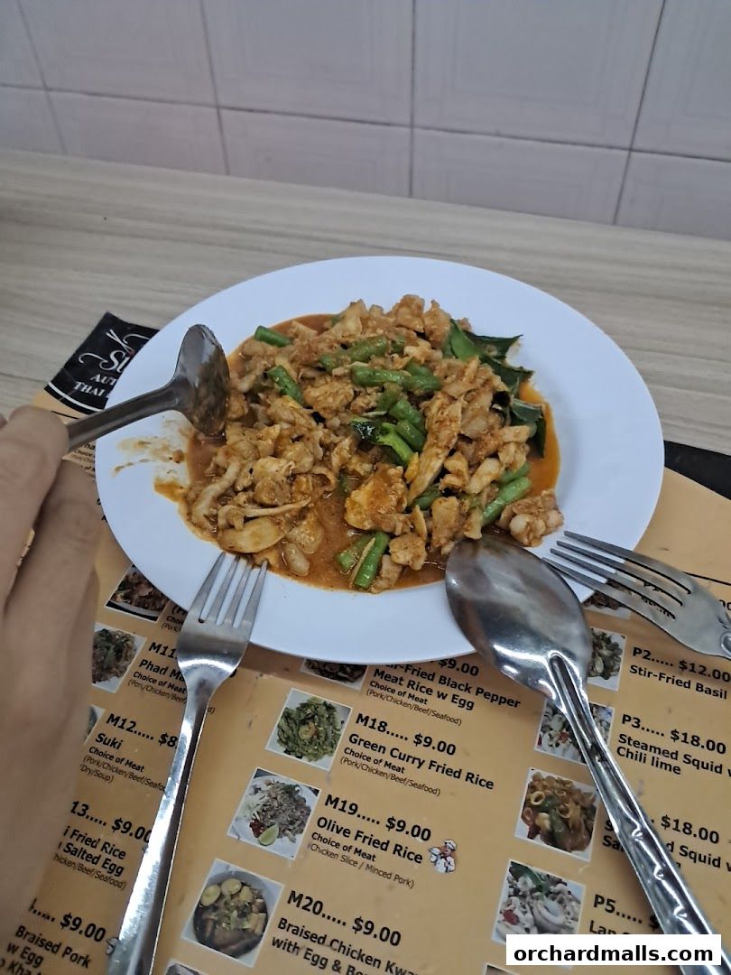 A plate of Thai food sits on a menu with various dishes and prices.