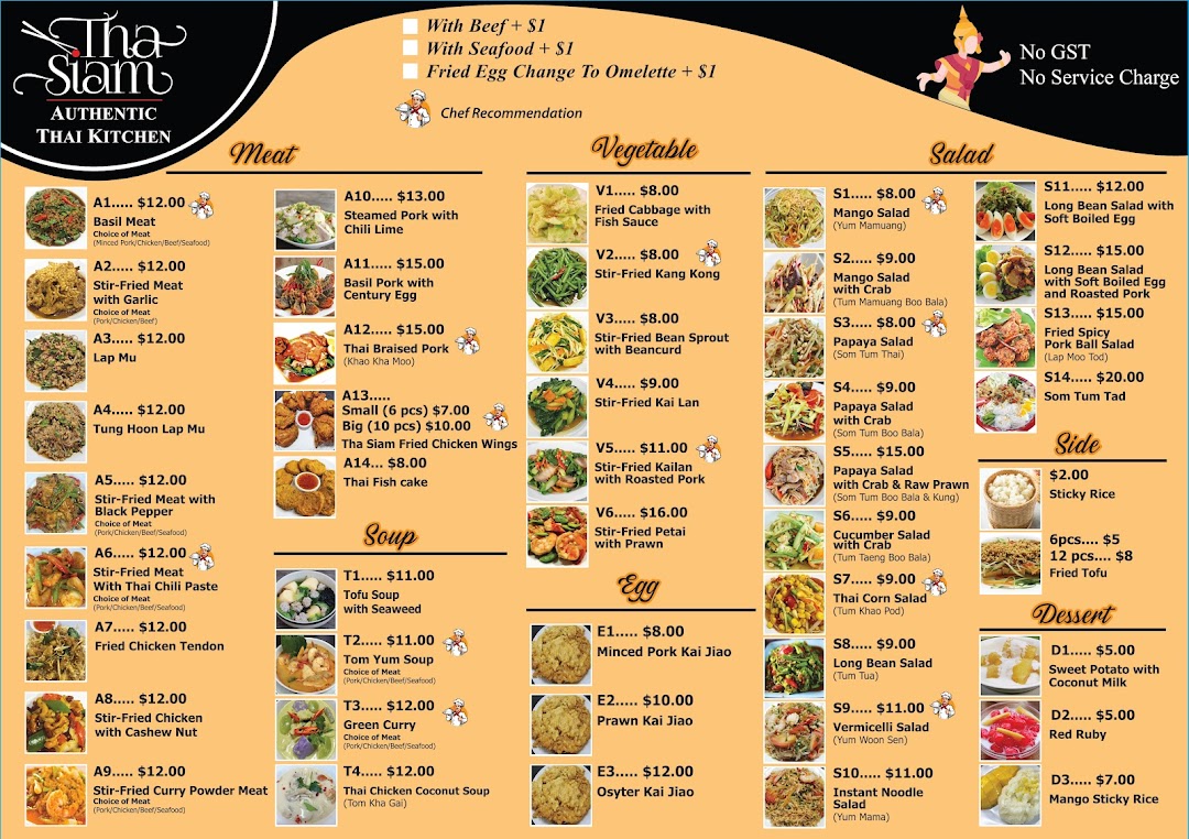 Menu page for Tha Siam Thai Kitchen