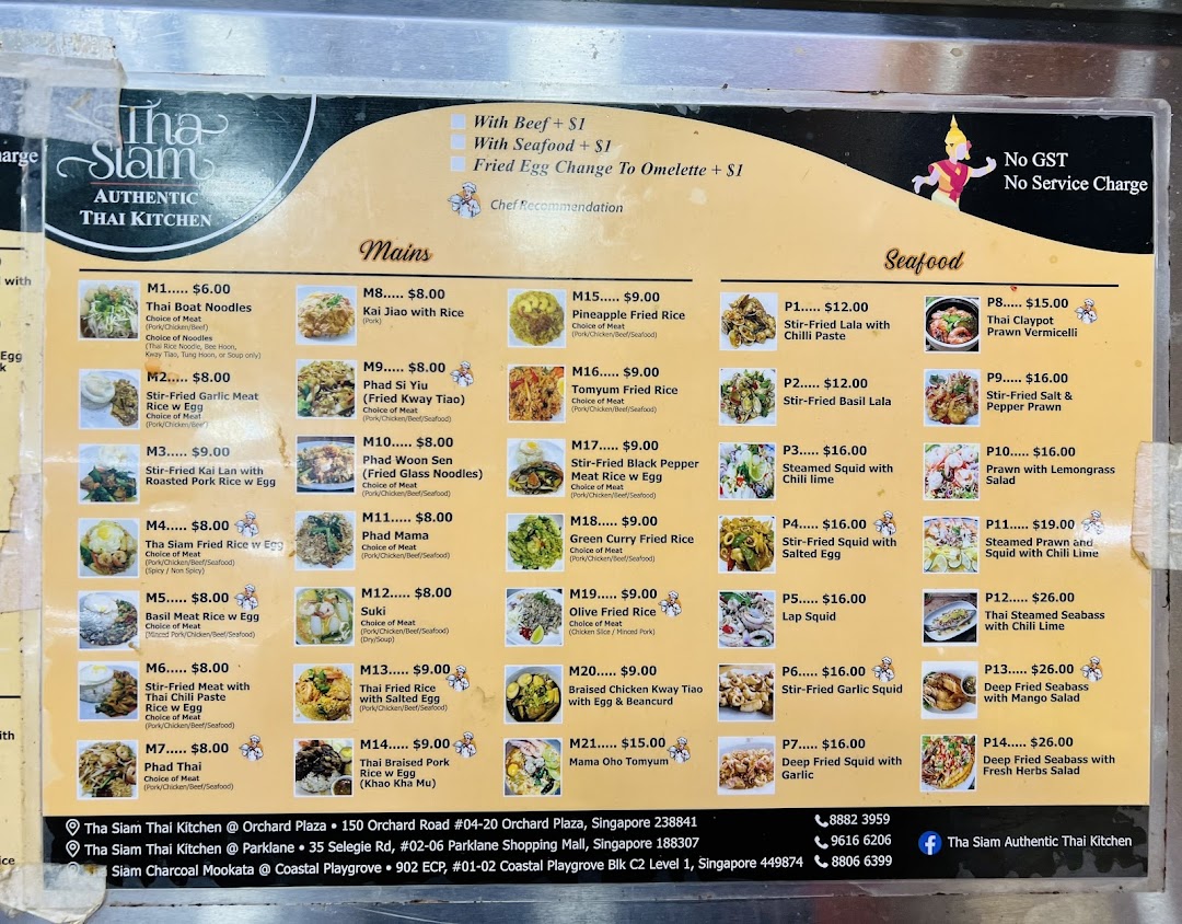 Menu page for Tha Siam Thai Kitchen