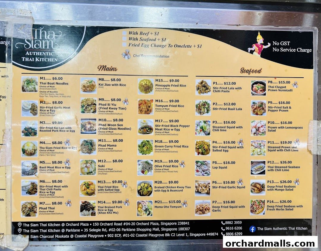 A menu for Tha Siam Authentic Thai Kitchen featuring mains and seafood dishes with prices.