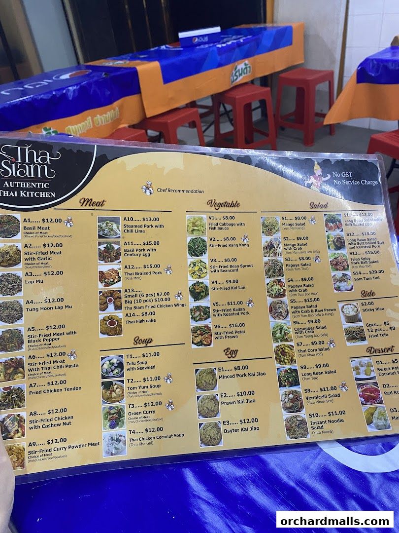 A menu for Tha Siam Authentic Thai Kitchen with various meat, vegetable, soup, salad, egg, side, and dessert options.