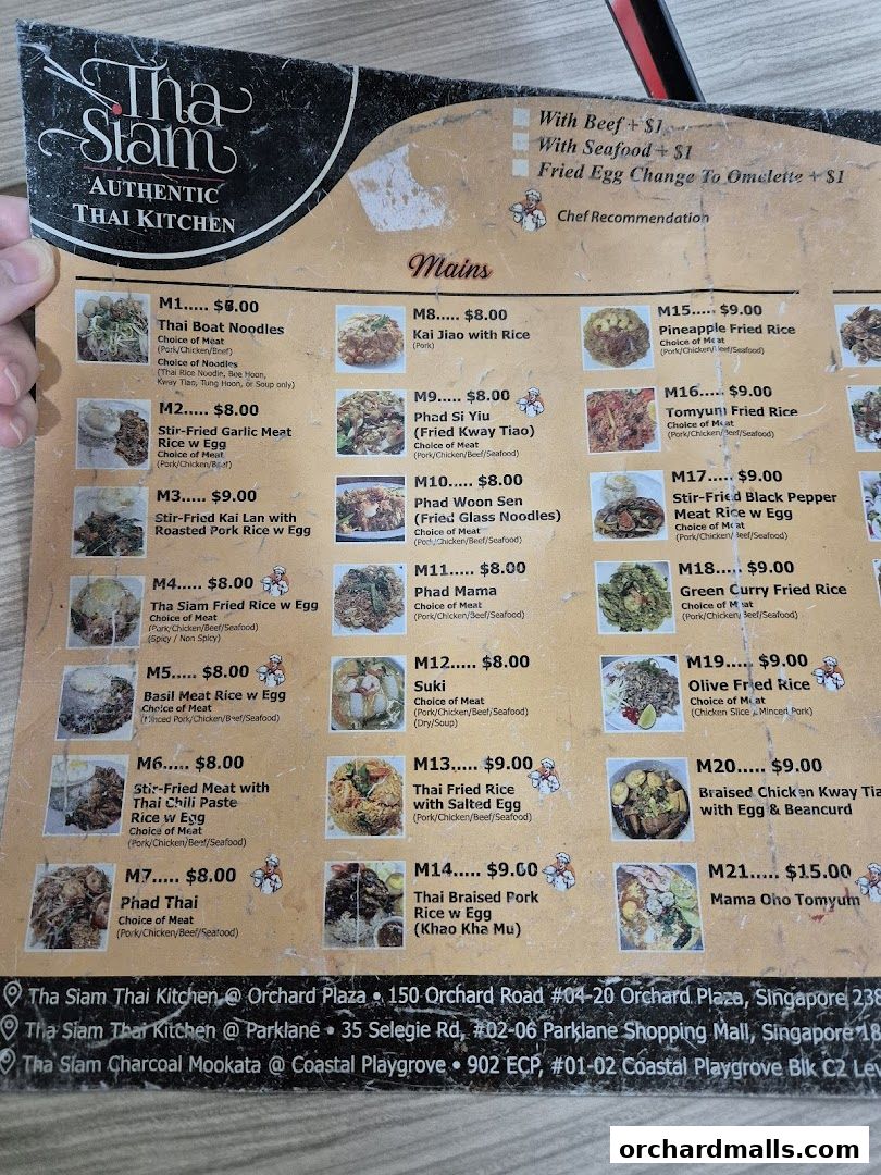 A menu from Tha Siam Authentic Thai Kitchen featuring various main dishes with prices.